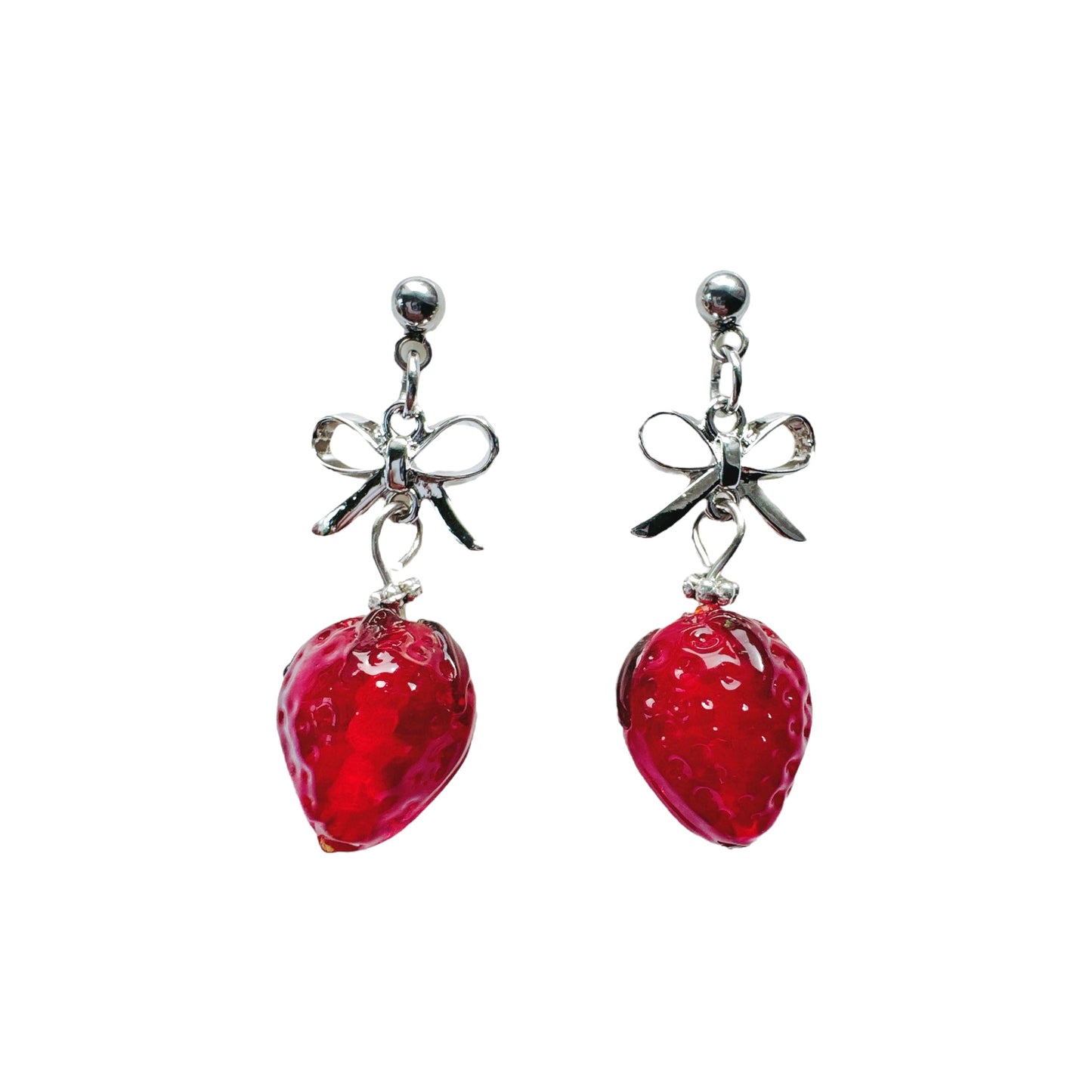 Silver Bow & Glass Strawberry Earrings