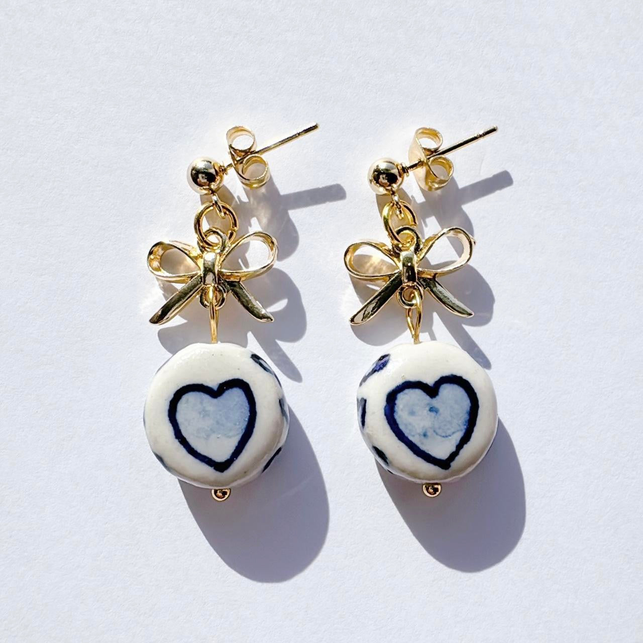 Gold Bow & Porcelain Heart Earrings