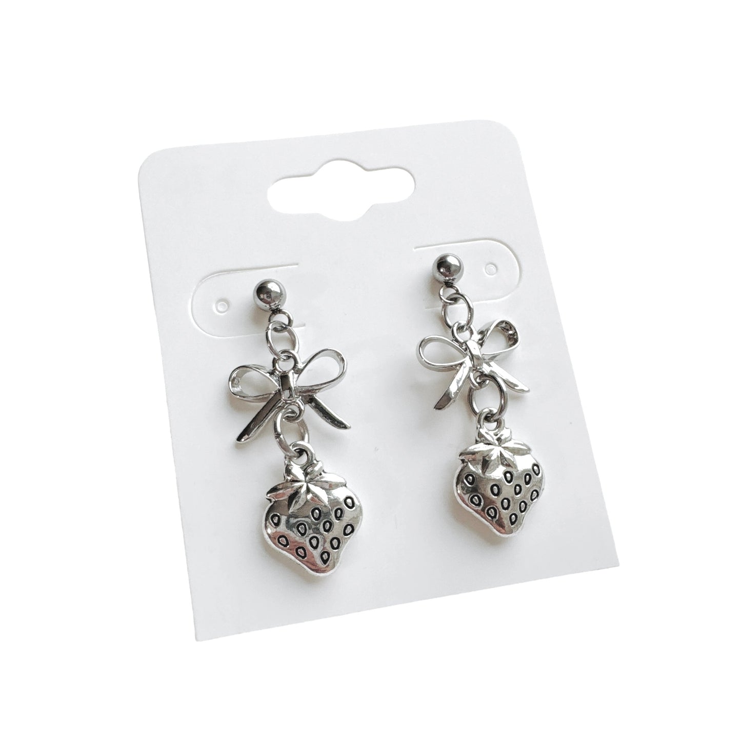 Silver Bow & Strawberry Earrings