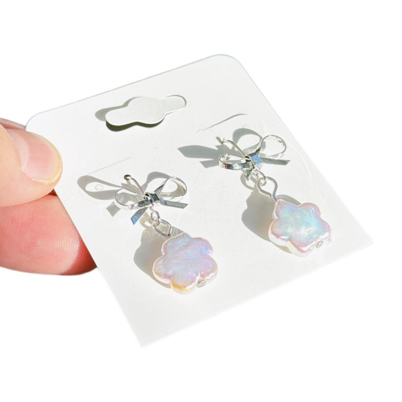 Silver Bow & Pearl Flower Earrings