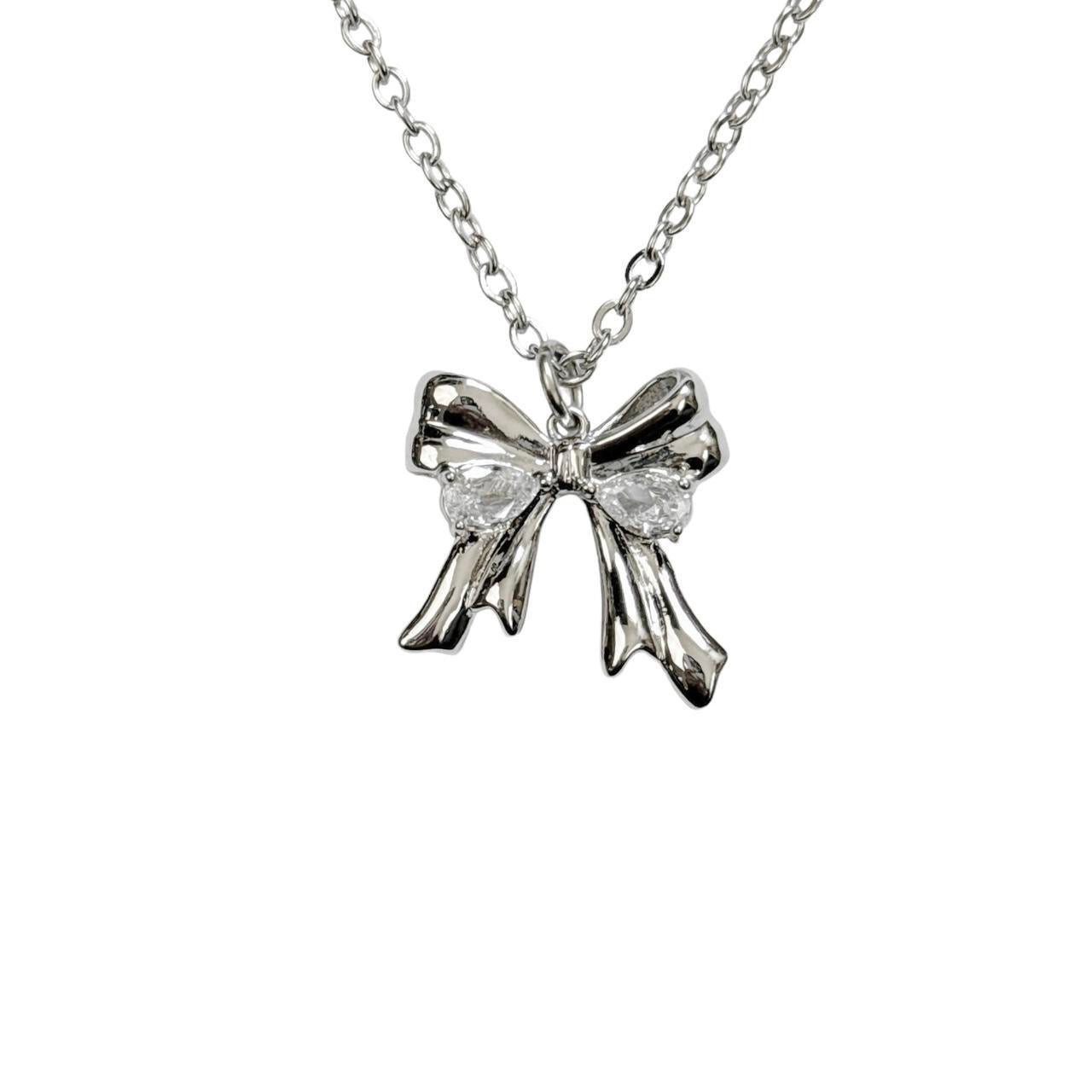 Silver Rhinestone Bow Necklace