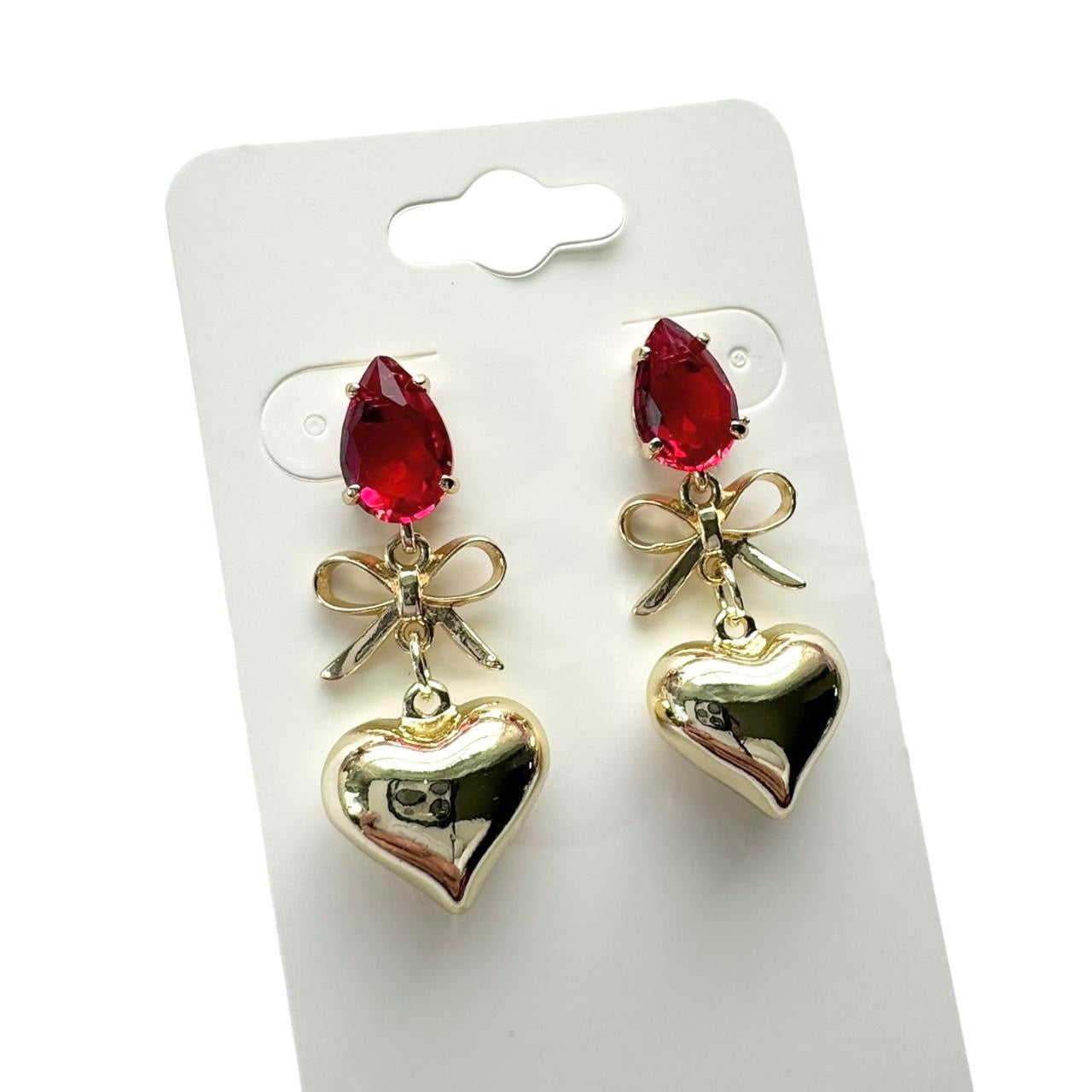 Red & Gold Bow & Heart Earrings