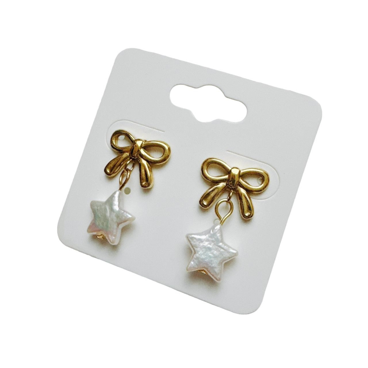 Gold Bow & Pearl Star Earrings