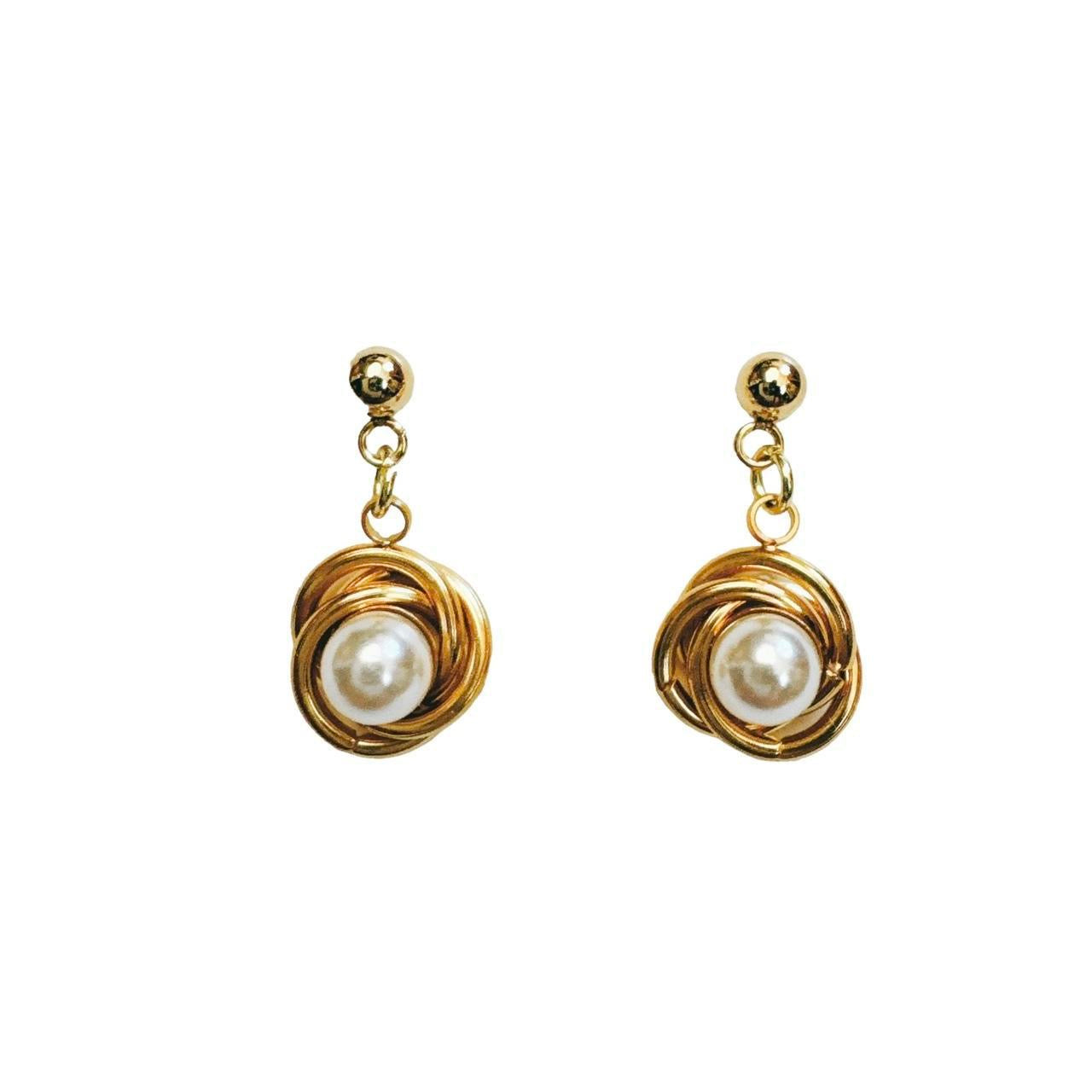 gold pearl vortex earrings