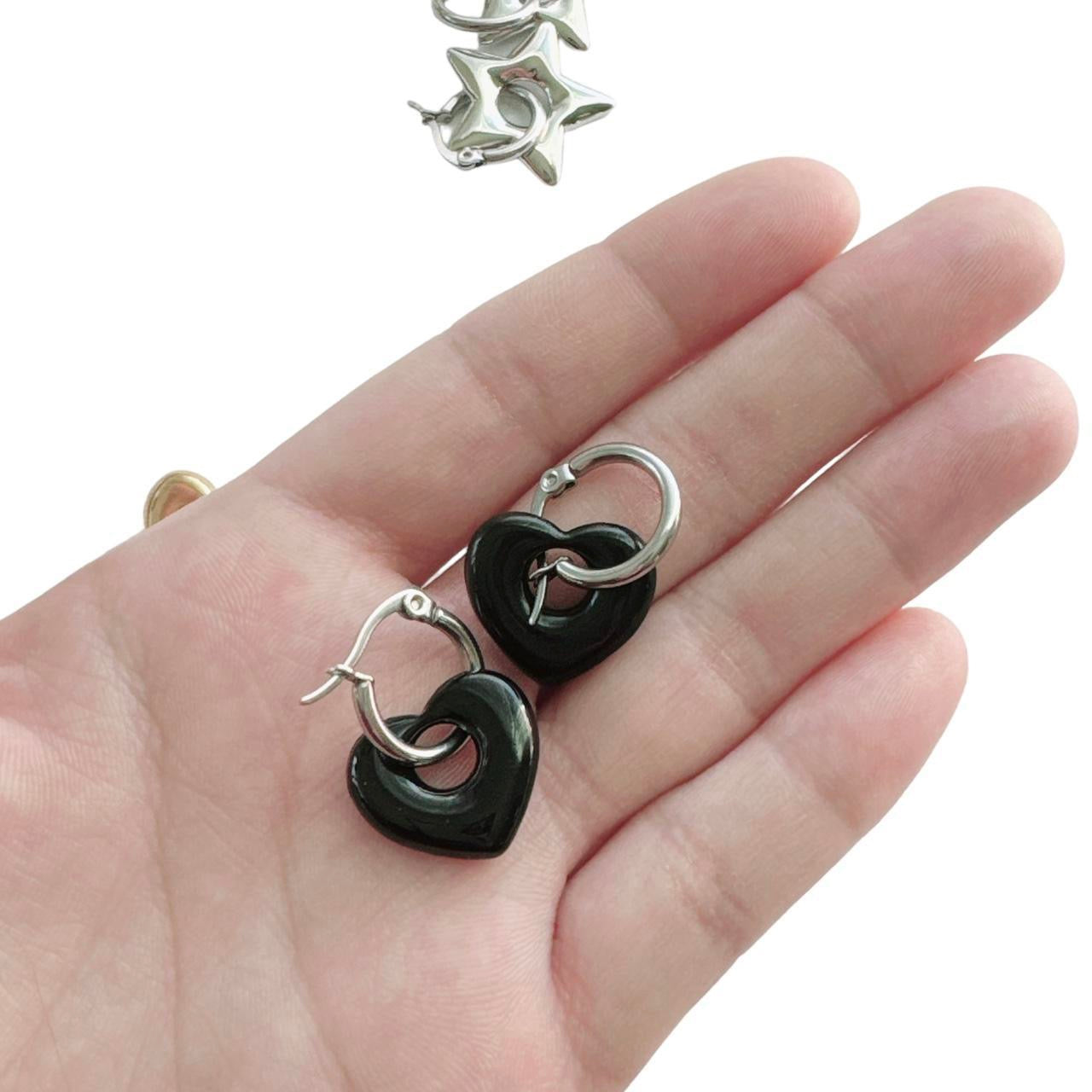 Black Puffy Heart Hoops