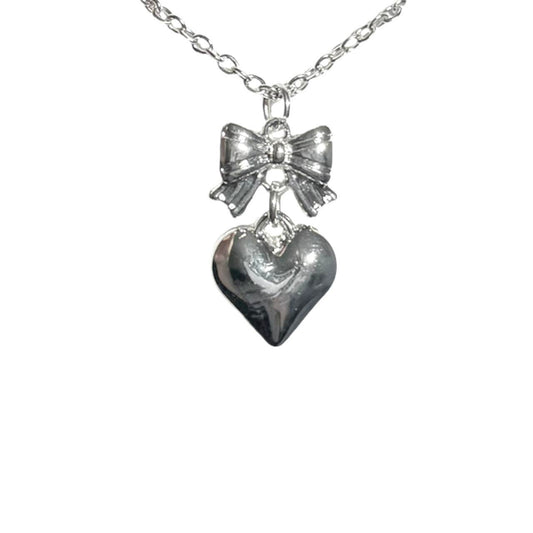 Silver Bow & Heart Necklace