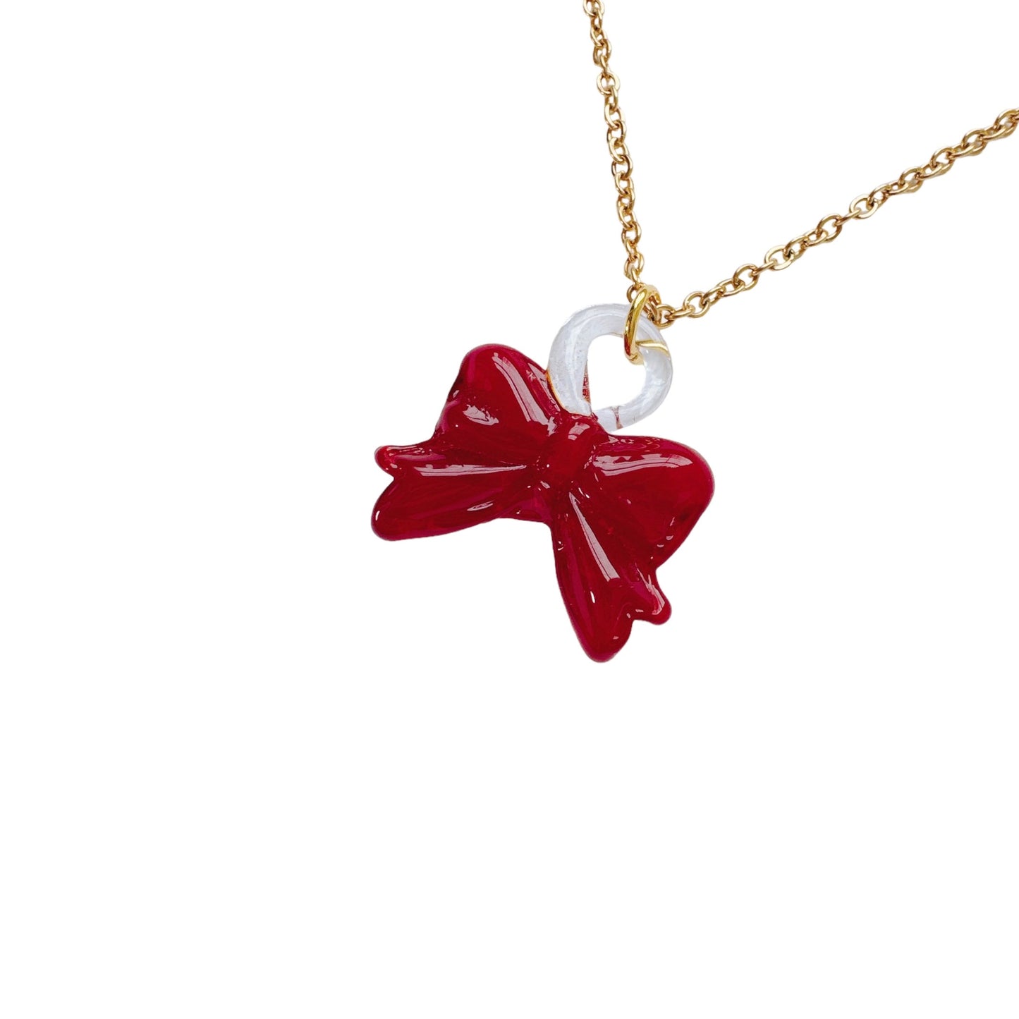 Gold Red Glass Bow Necklace