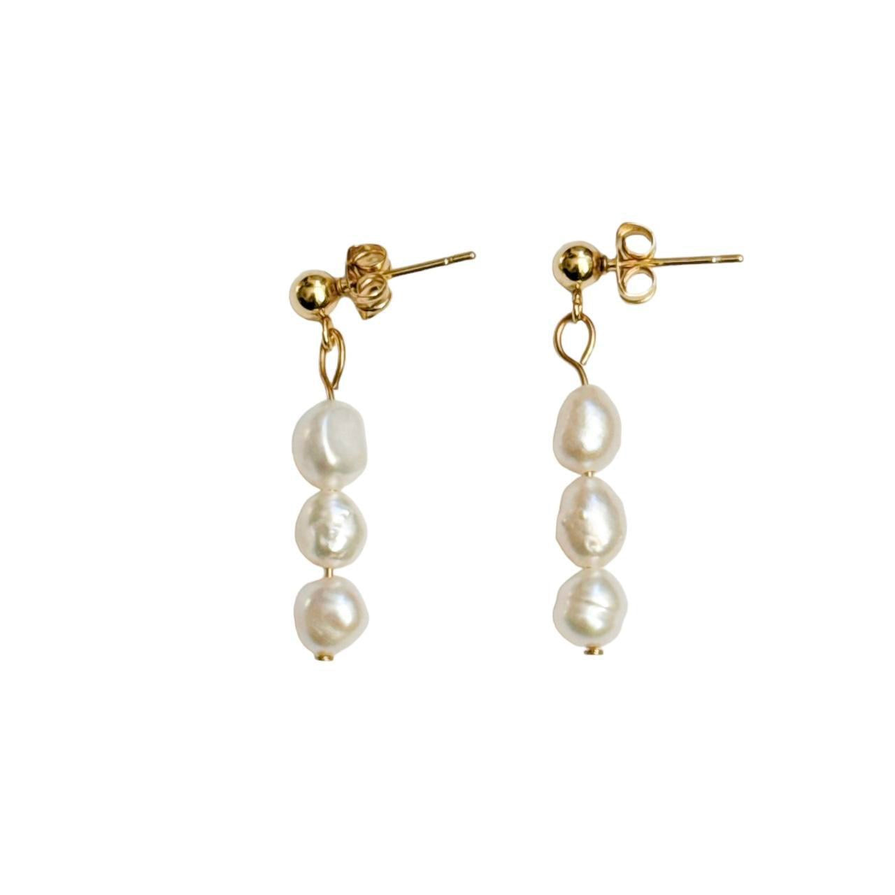 Gold Triple Freshwater Pearl Earrings