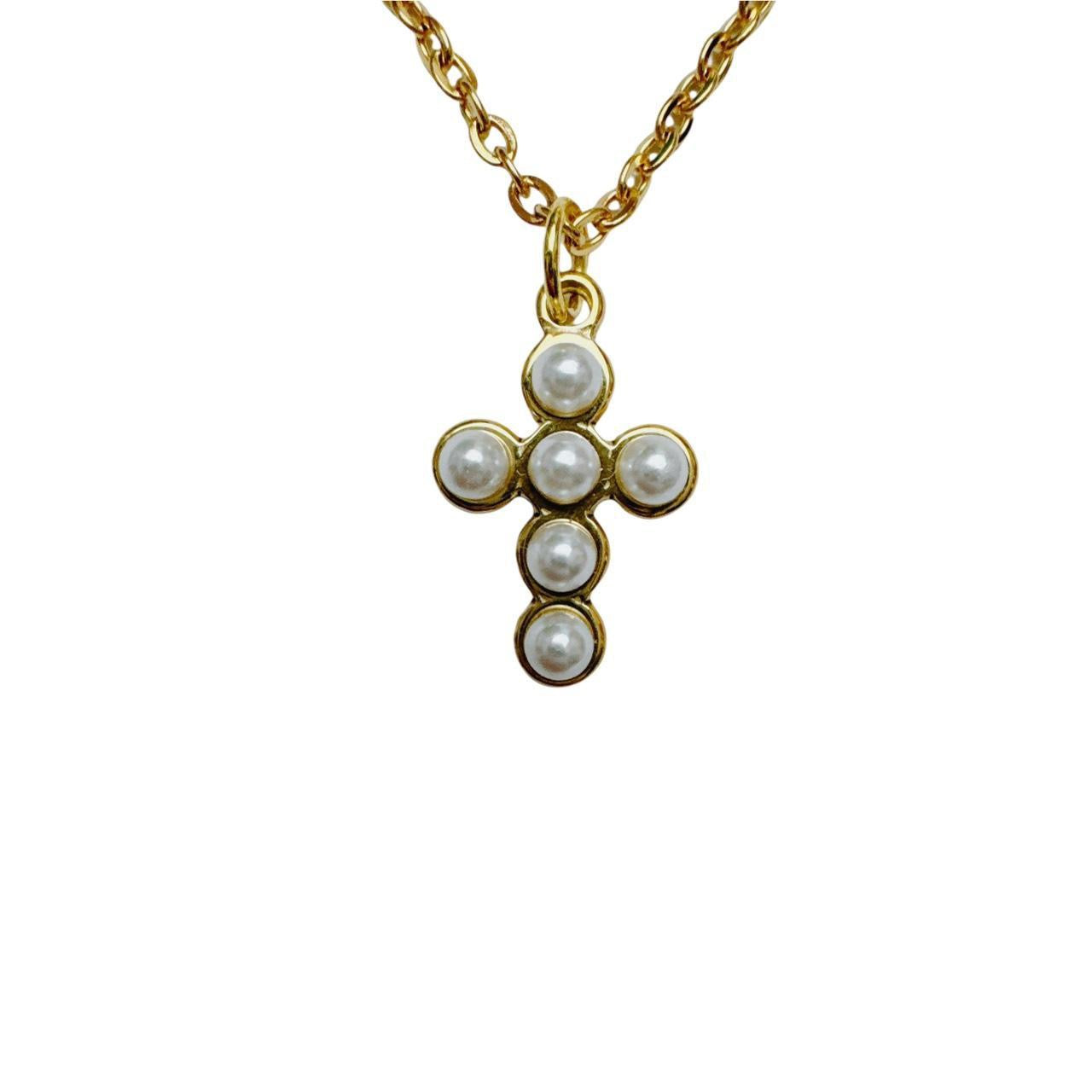 Gold Faux Pearl Cross Necklace