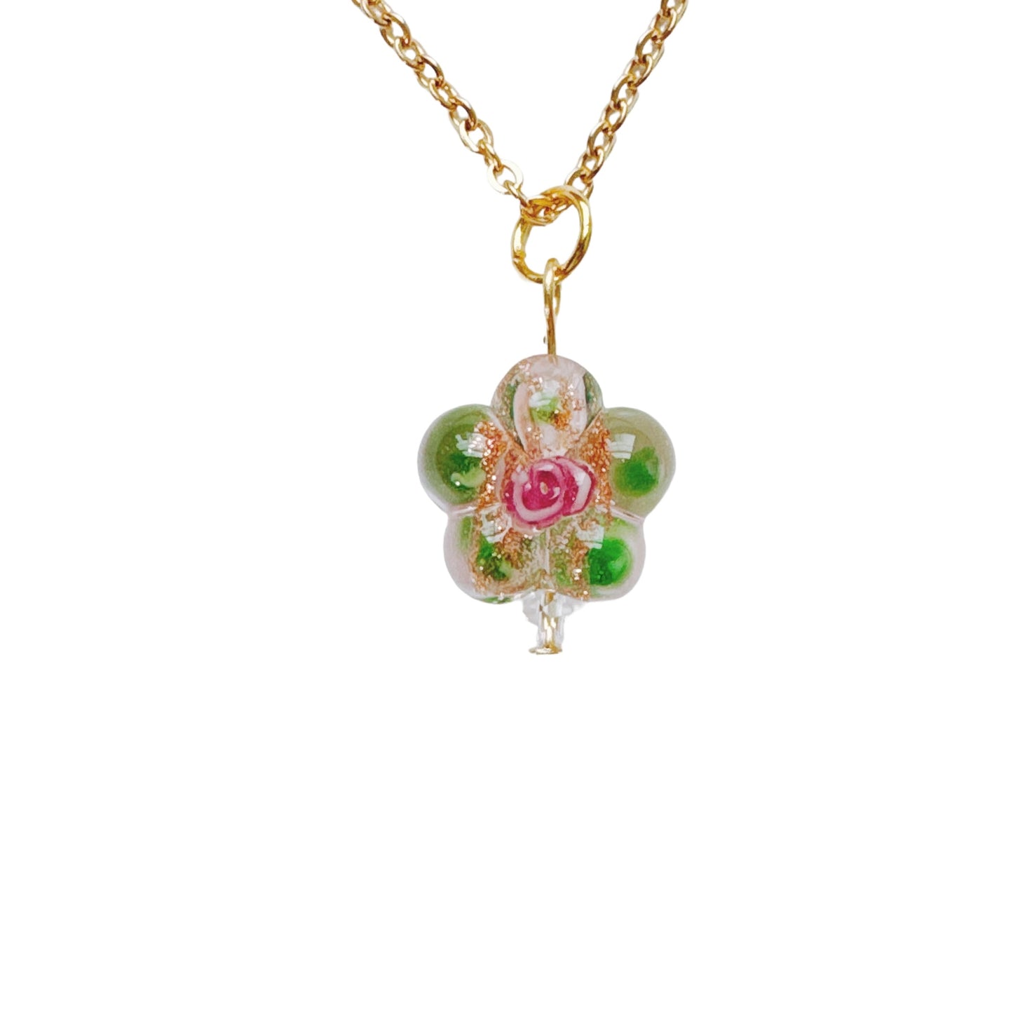 Gold Pink Glass Flower Necklace