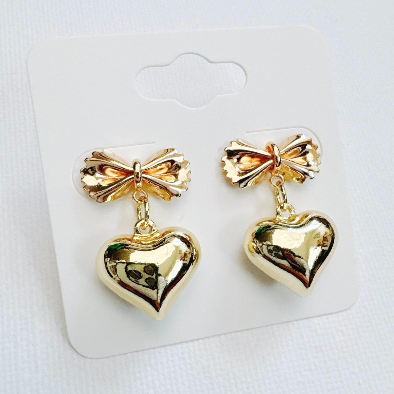 Gold Bow Tie Pasta & Heart Earrings