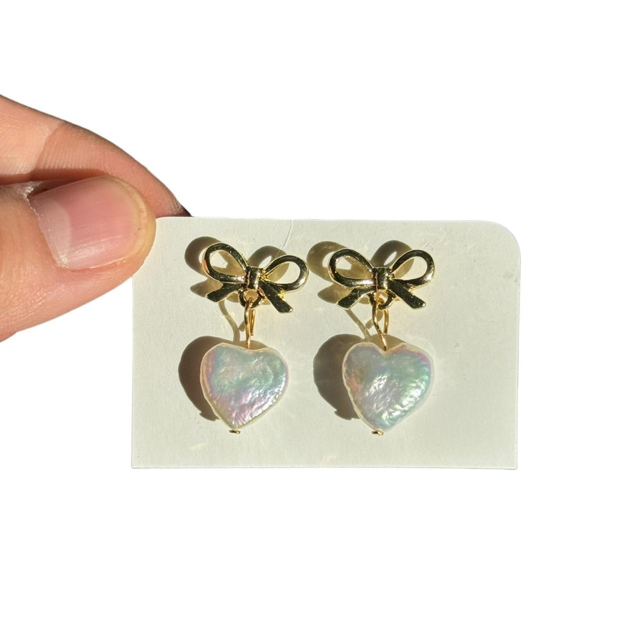 Gold Bow & Pearl Heart Earrings