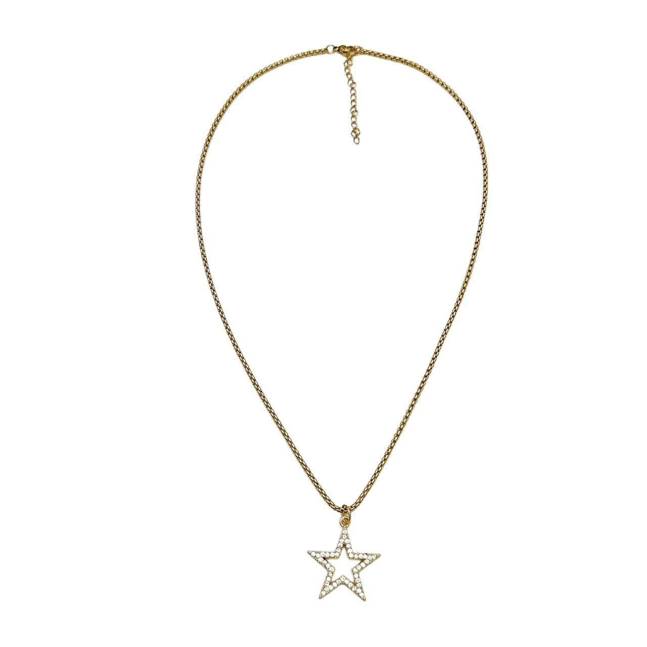 Gold Rhinestone Hollow Star Necklace