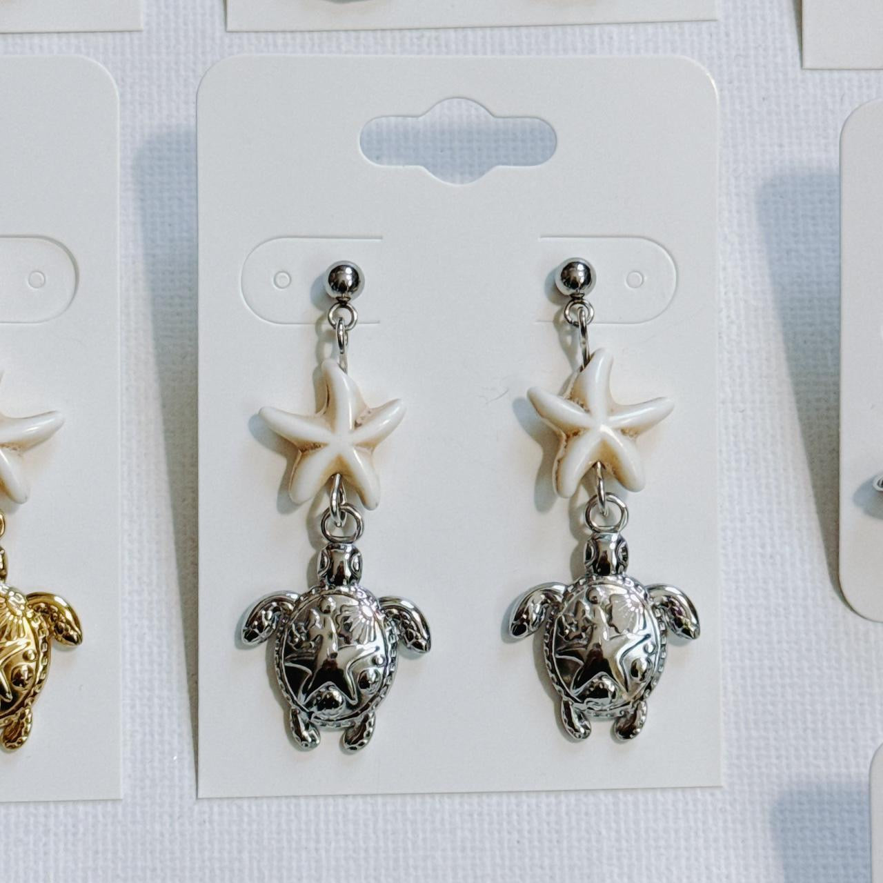 silver starfish sea turtle earrings