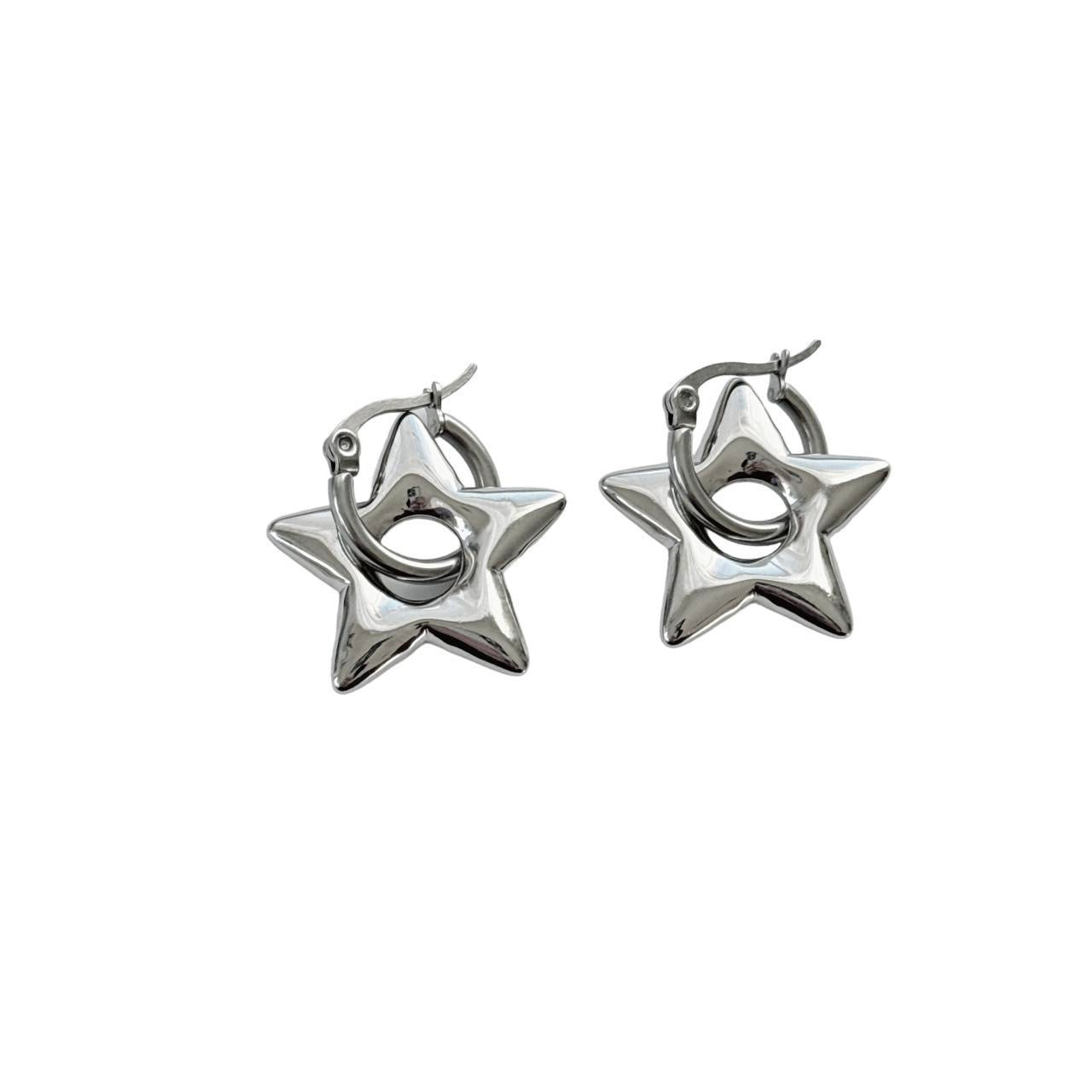 Silver Puffy Star Hoops