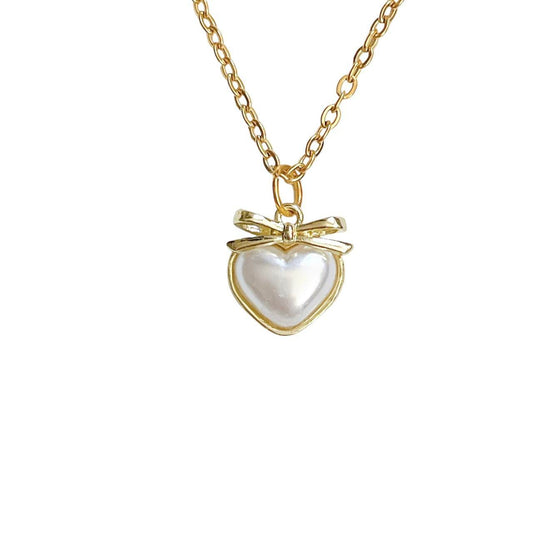 Gold Dainty Pearl Heart Necklace