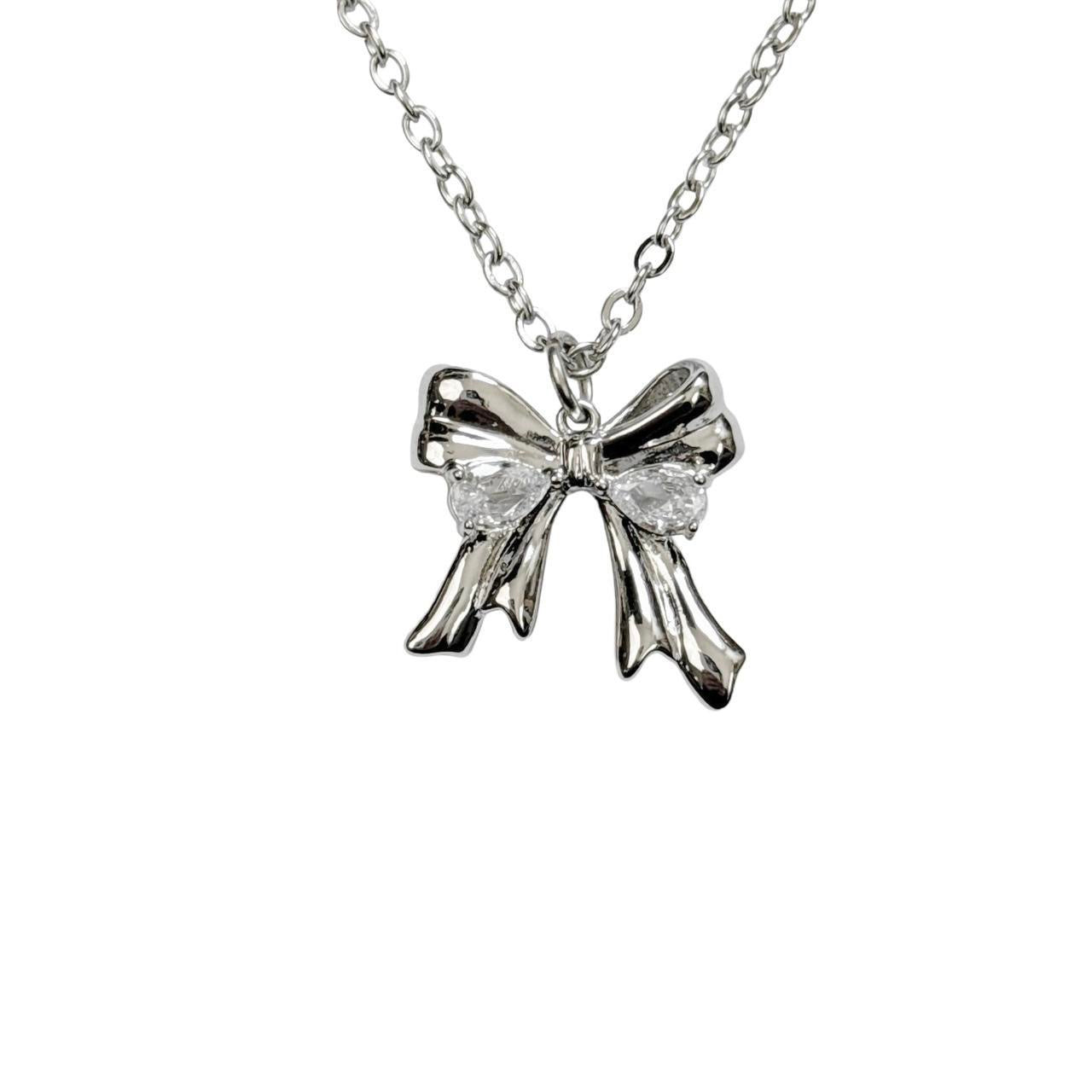 Silver Rhinestone Bow Necklace