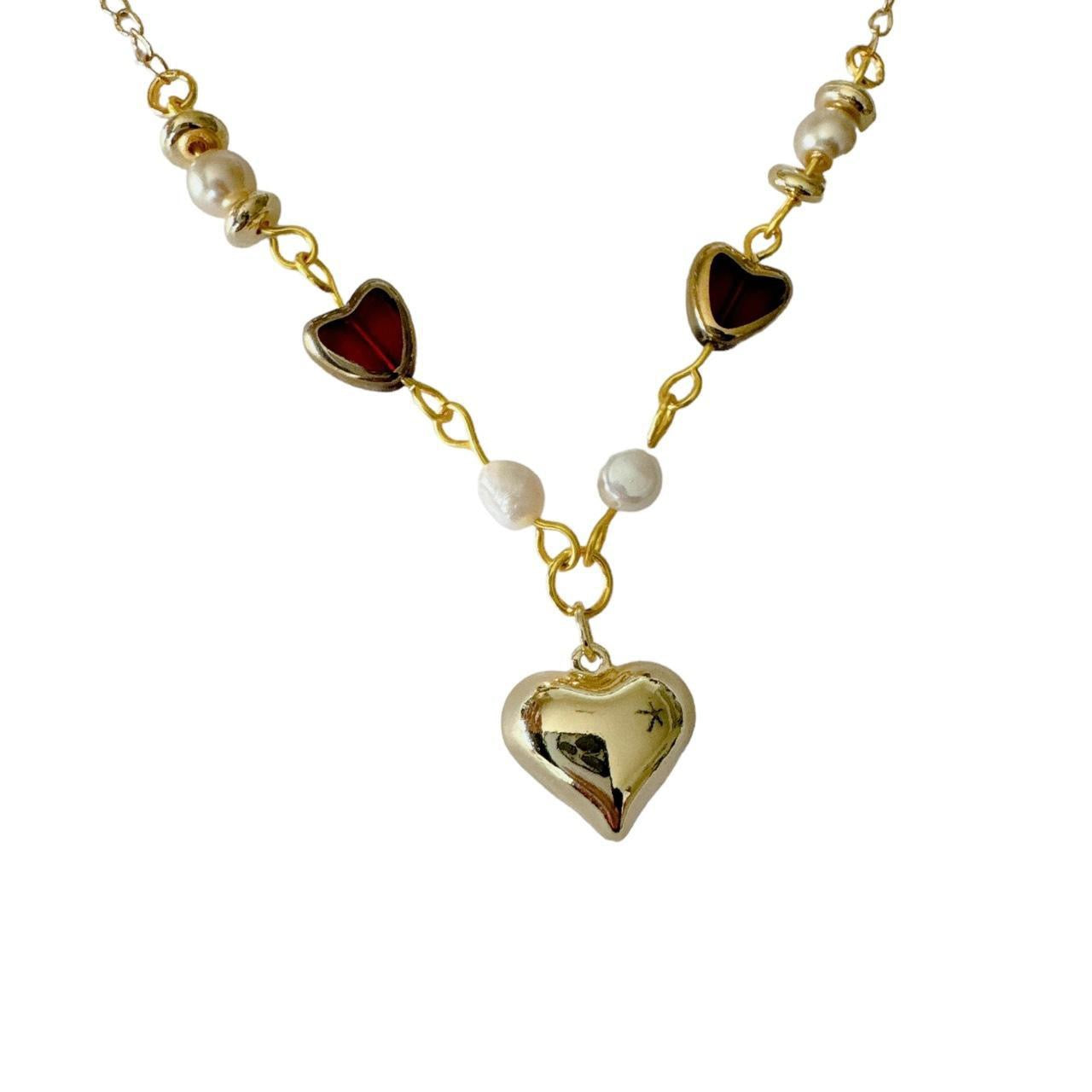 Gold Puffy Heart Beaded Necklace