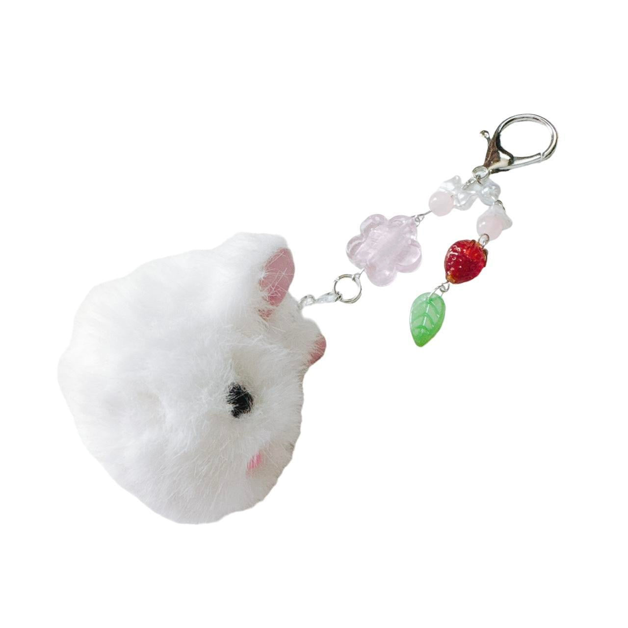 white fluffy bunny keychain - red strawberry