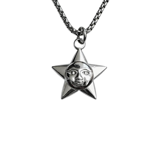 silver star moon face necklace