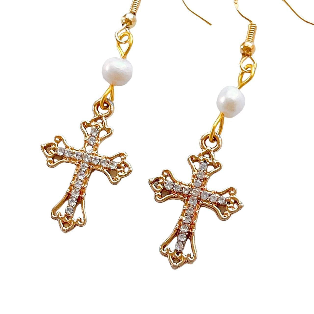 Gold Rhinestone Cross Earrings