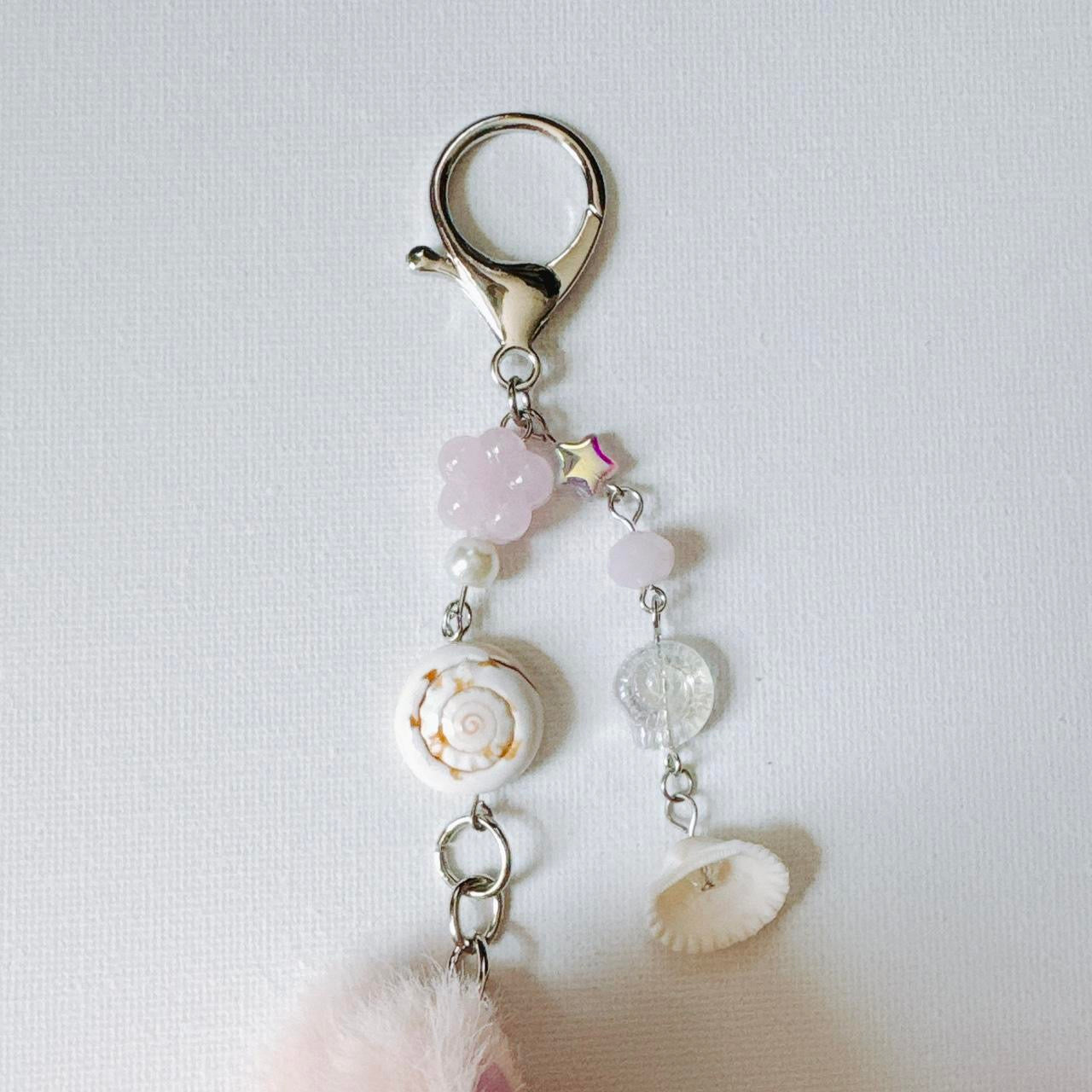 pink fluffy bunny keychain - seashells