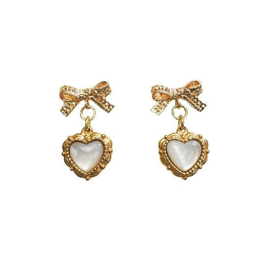 lace gold bow & shell heart earrings