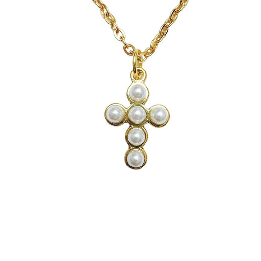 Gold Faux Pearl Cross Necklace