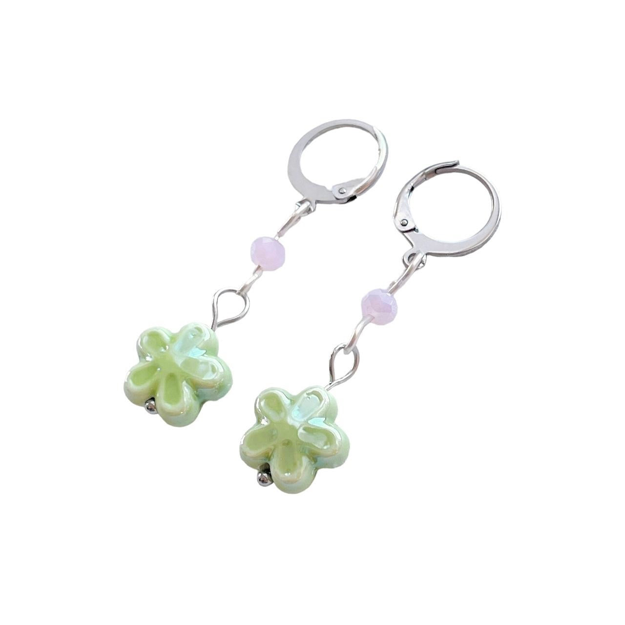 Green Ceramic Flower Earrings