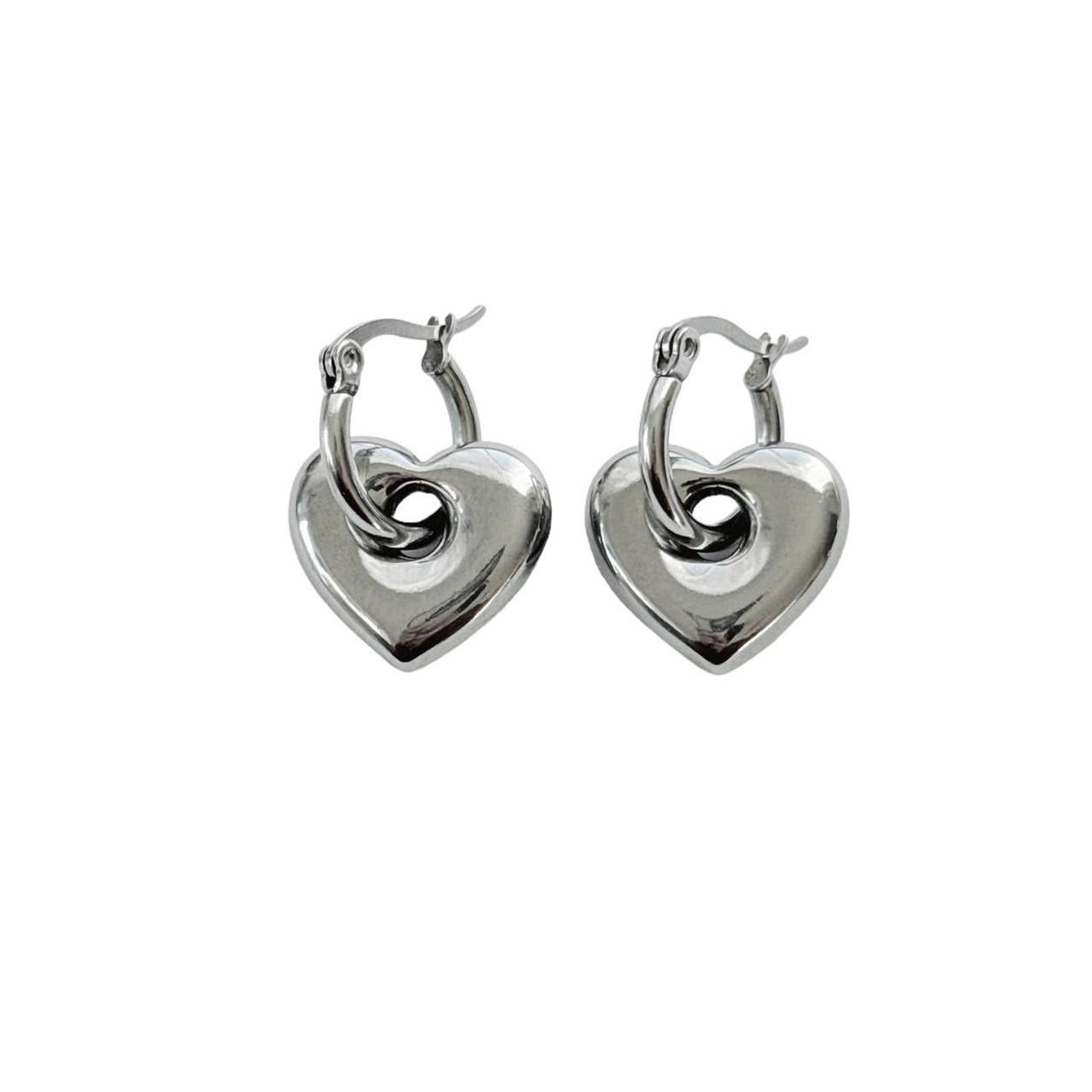 Silver Puffy Heart Hoops