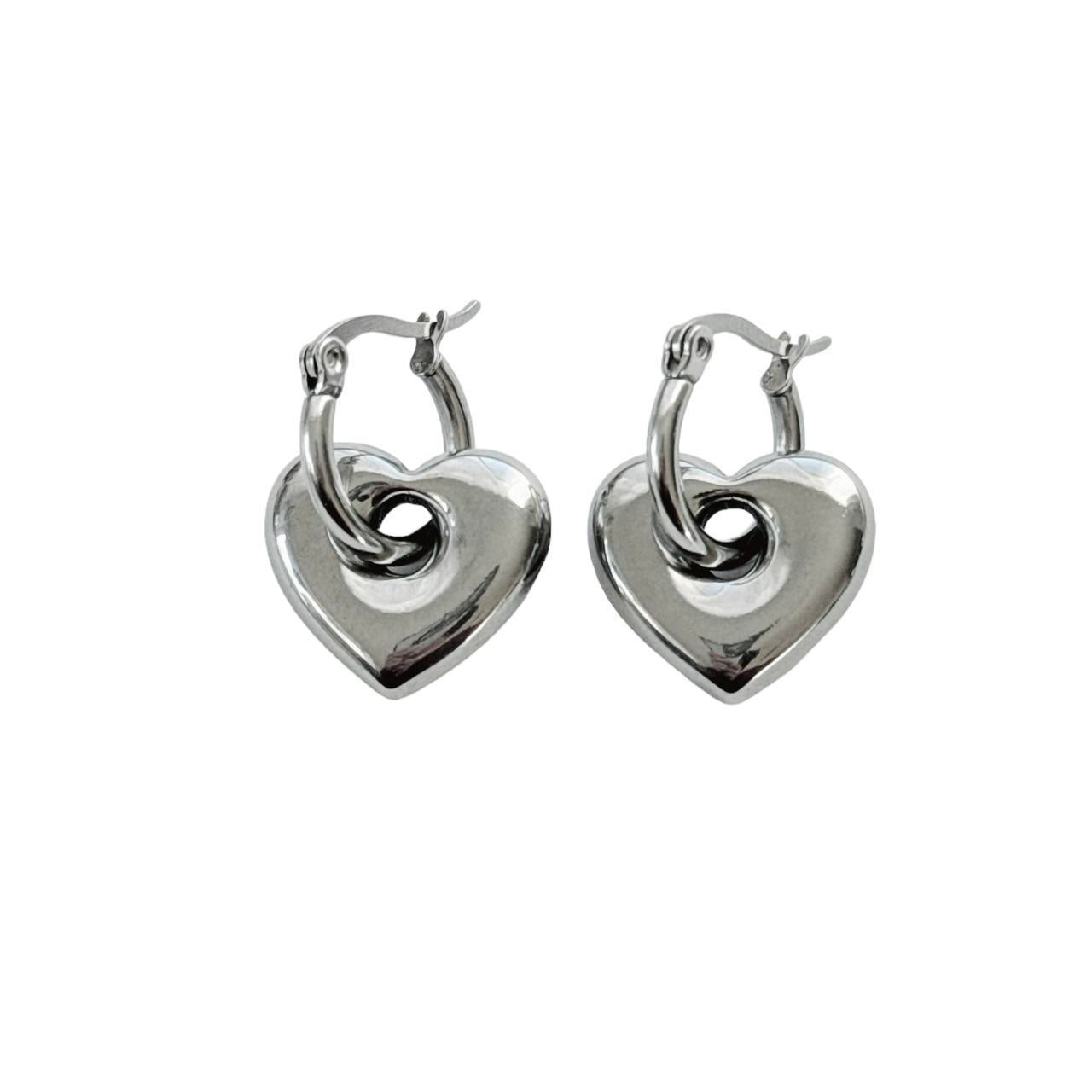 Silver Puffy Heart Hoops