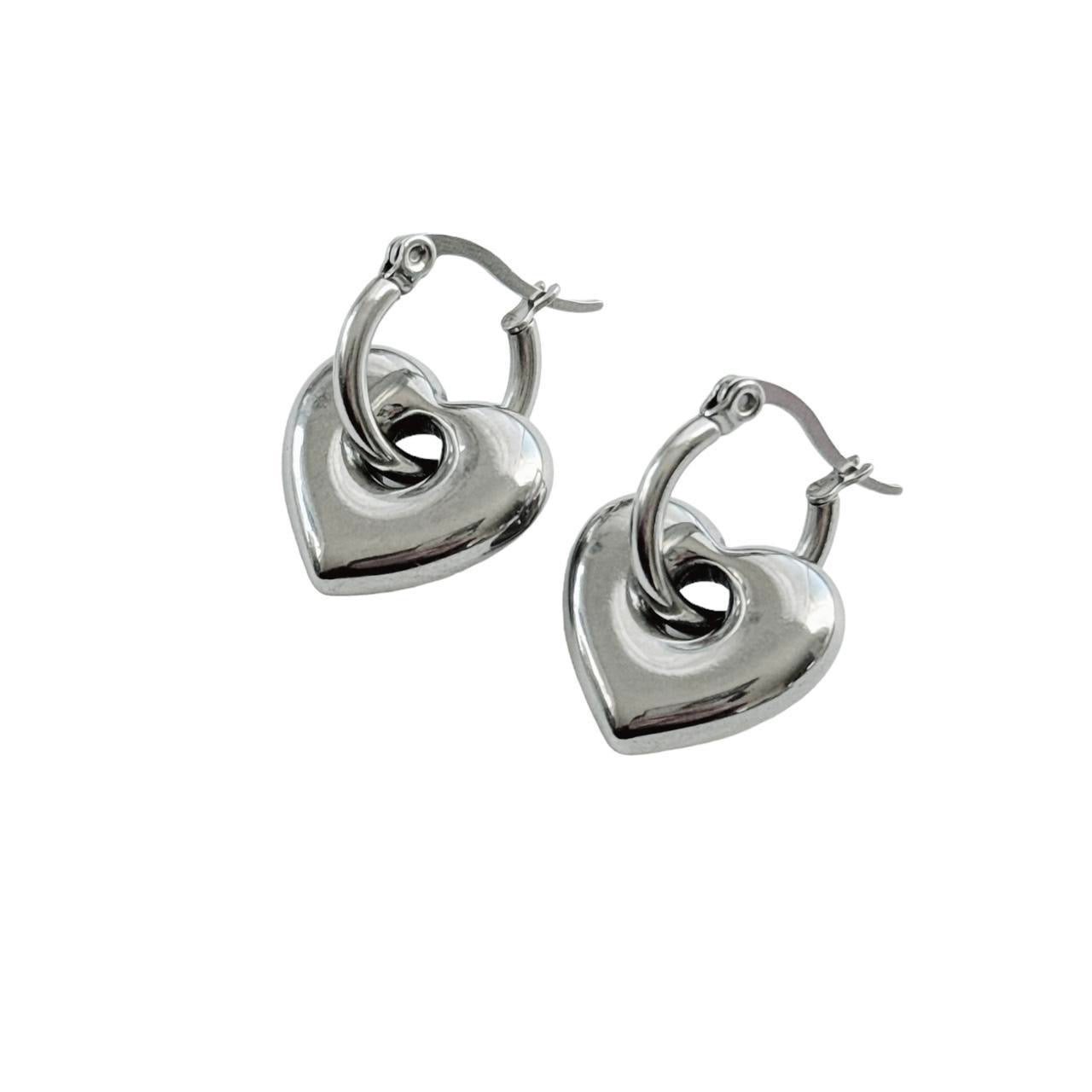 Silver Puffy Heart Hoops