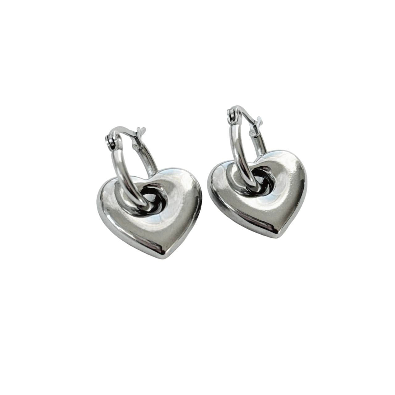 Silver Puffy Heart Hoops