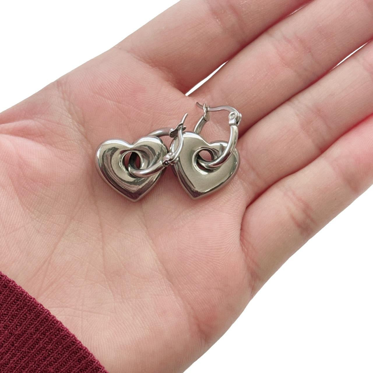 Silver Puffy Heart Hoops