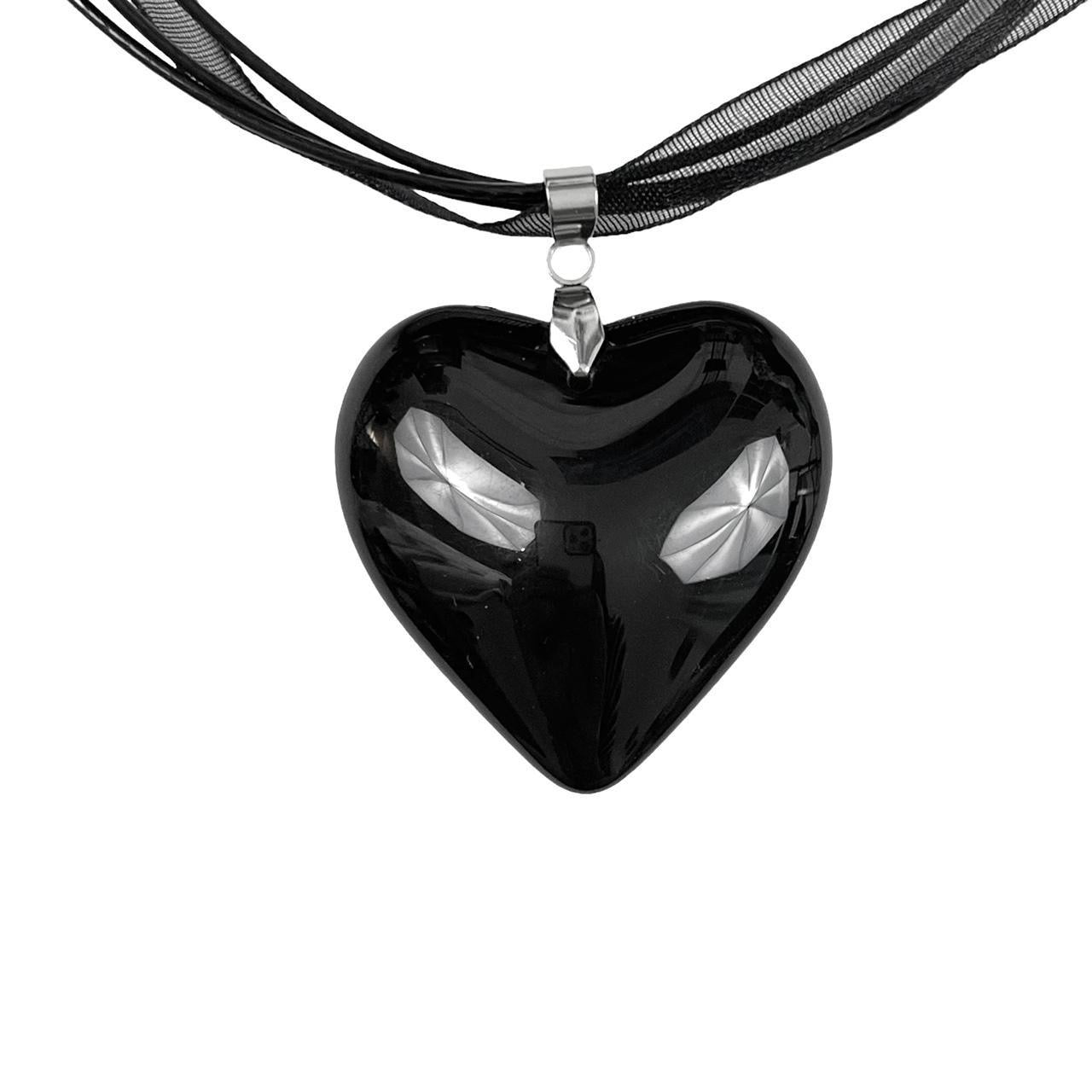 Large Black Glass Heart Necklace