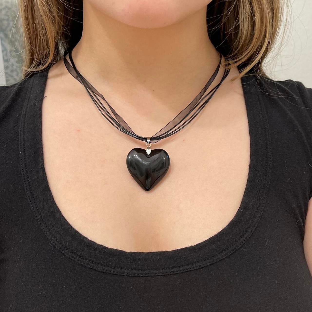 Large Black Glass Heart Necklace