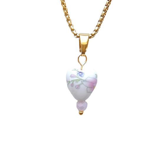 Gold Floral Cermic Heart Necklace