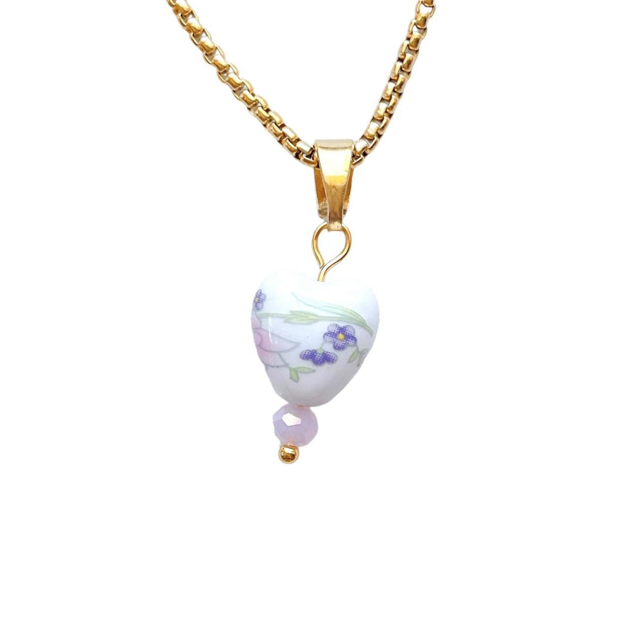 Gold Floral Cermic Heart Necklace