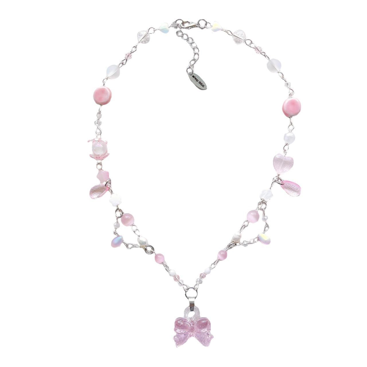 Pink Glass Bow Beaded Necklace