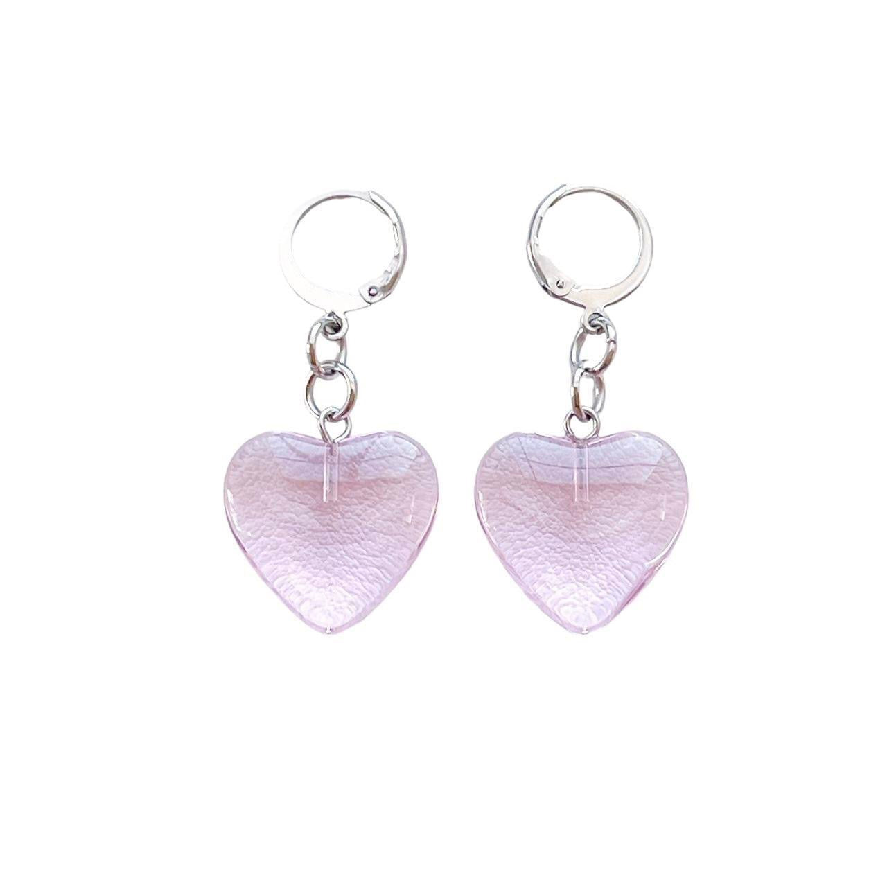 Pink Glass Heart Earrings