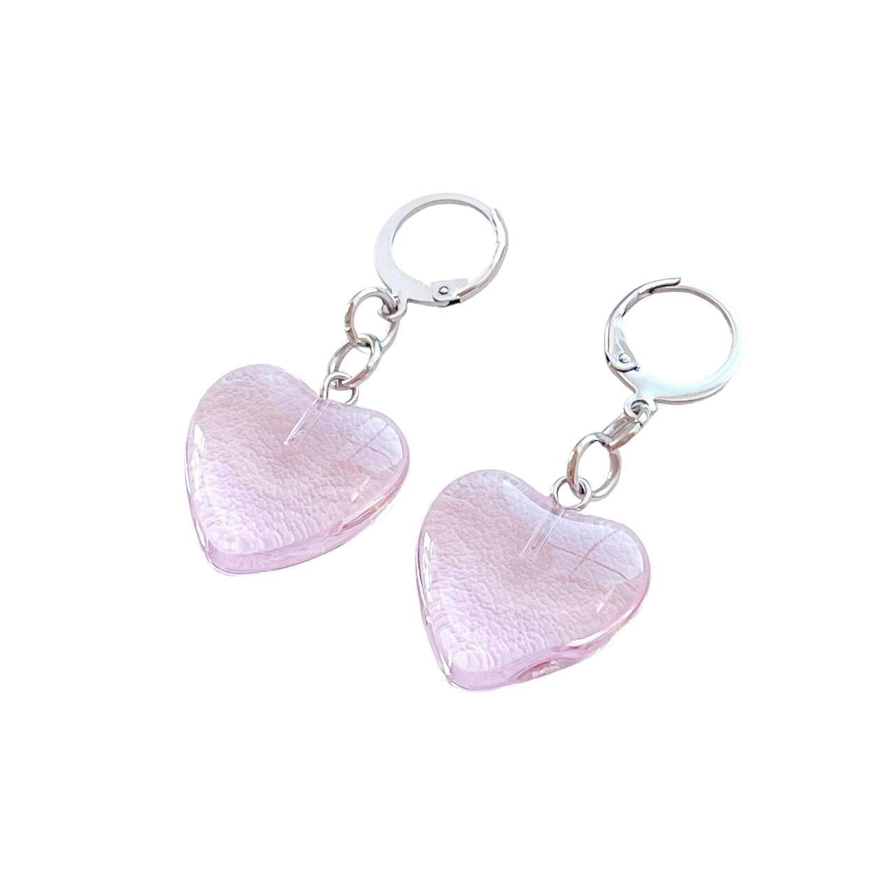 Pink Glass Heart Earrings