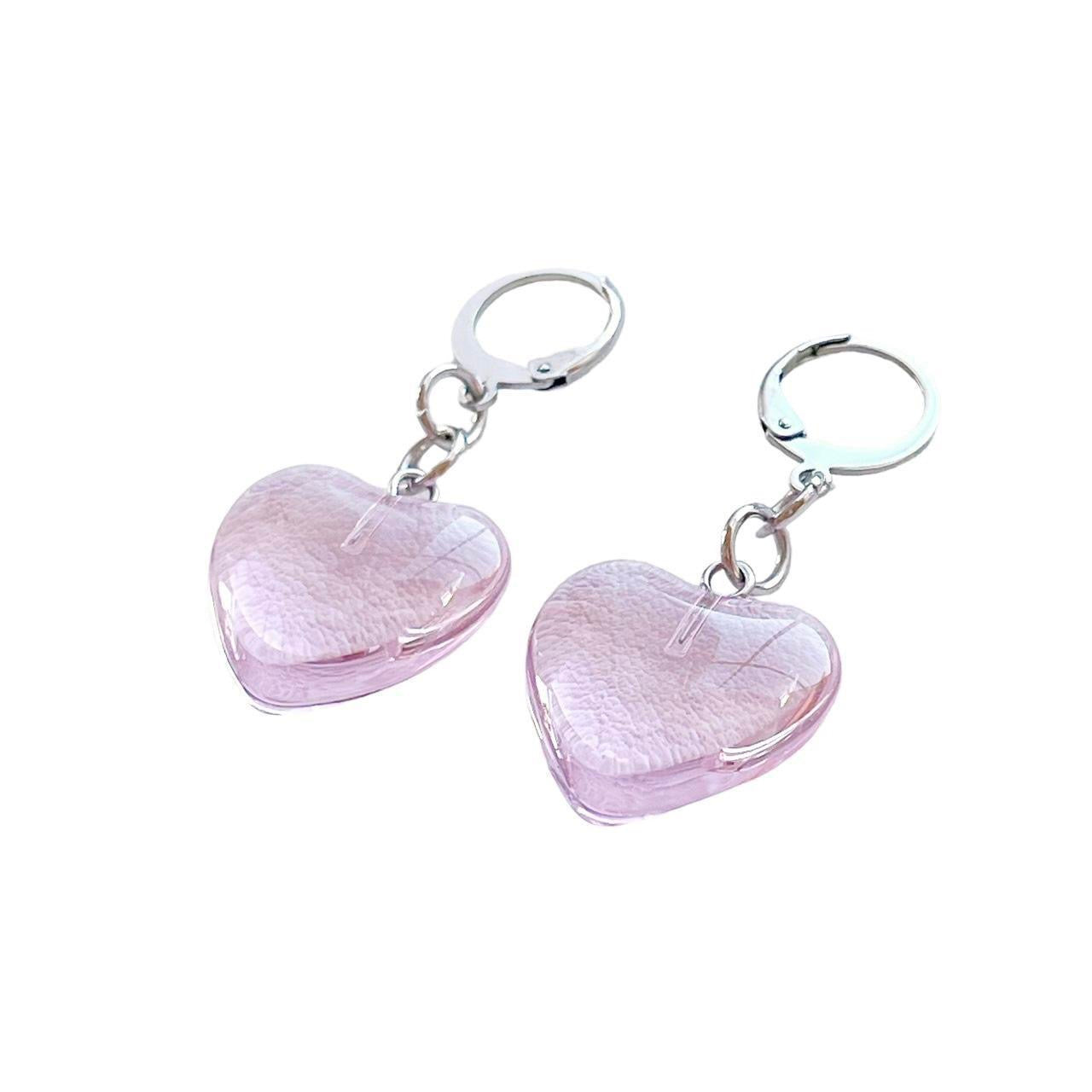 Pink Glass Heart Earrings