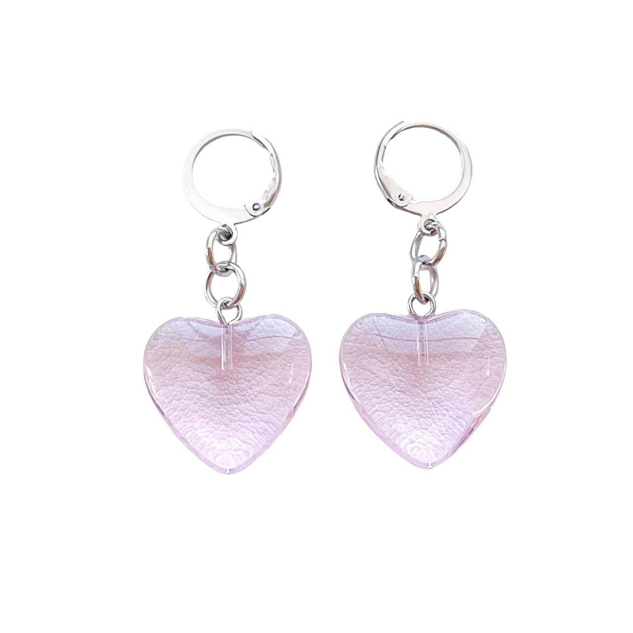 Pink Glass Heart Earrings