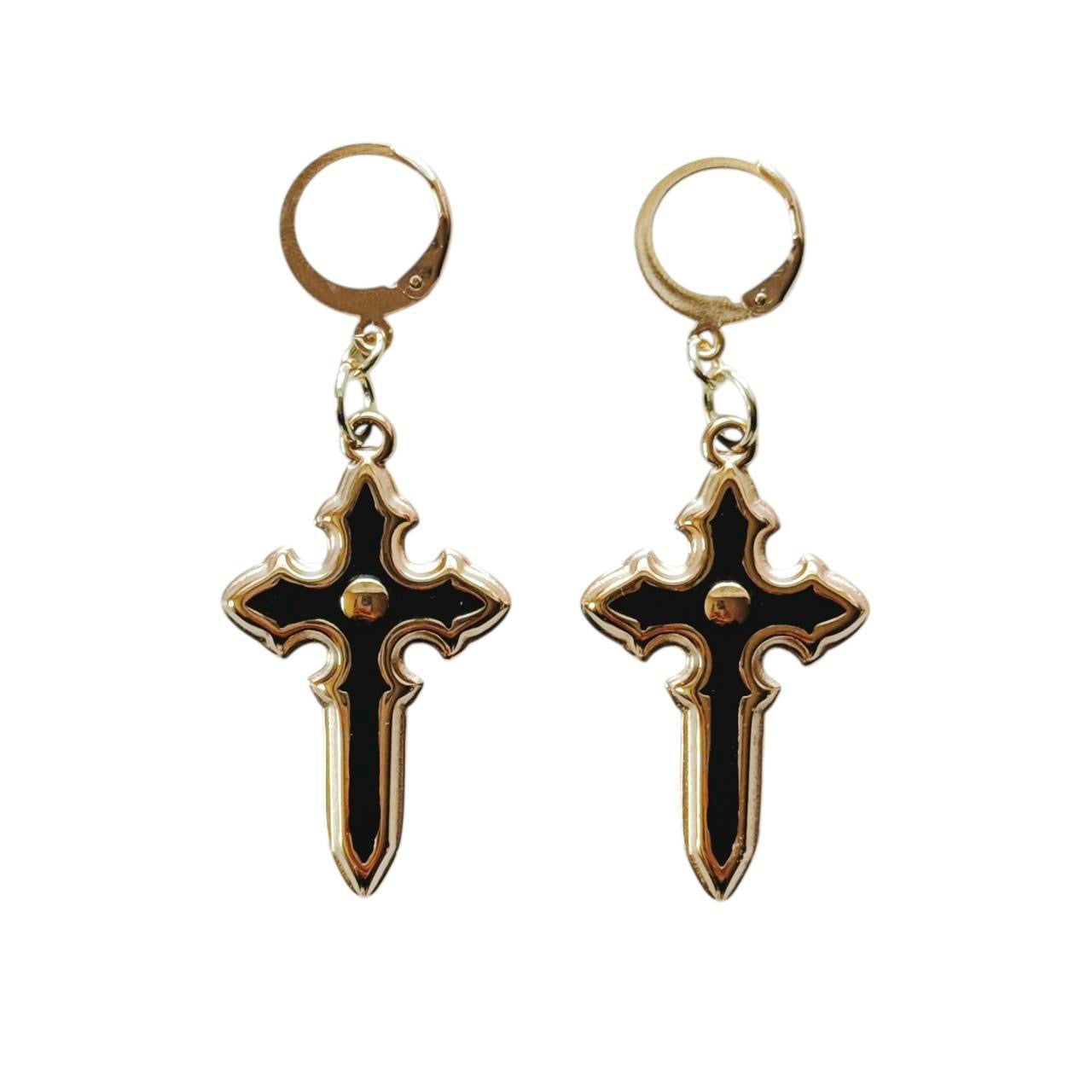 gold grunge cross earrings