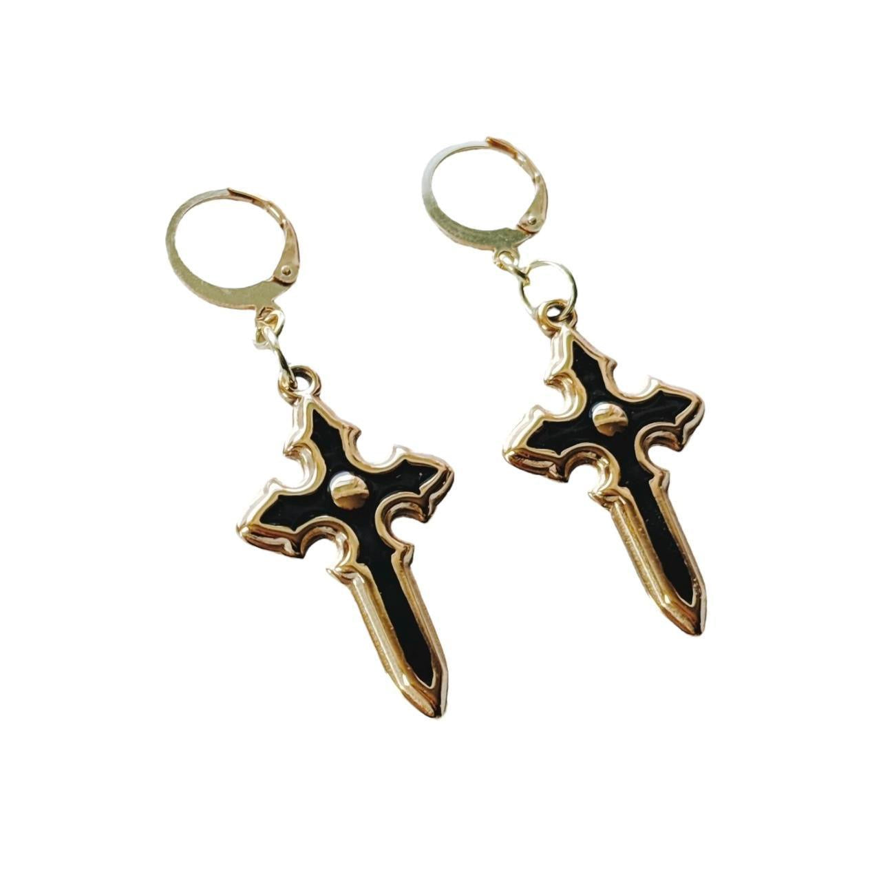 gold grunge cross earrings