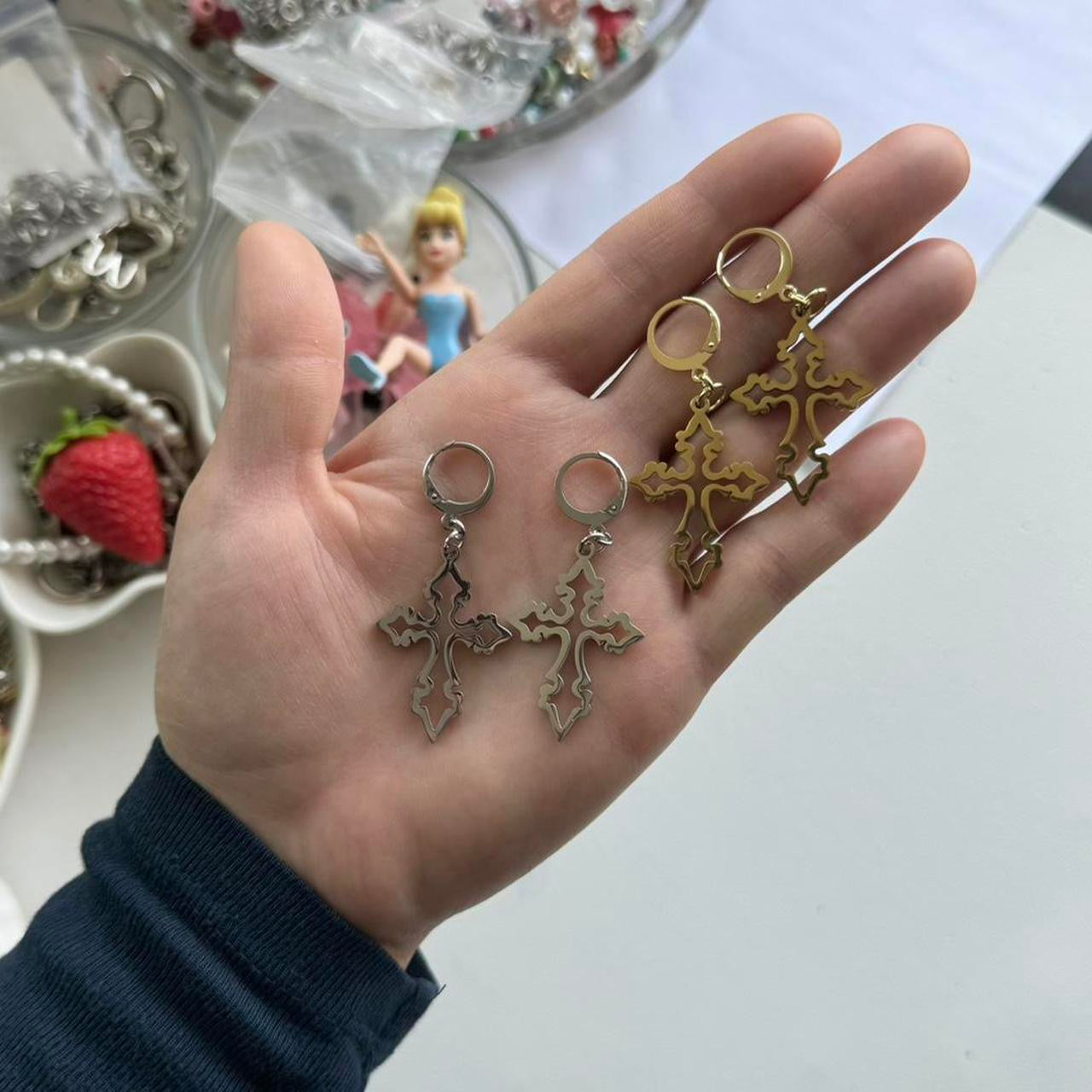 silver grunge hollow cross earrings