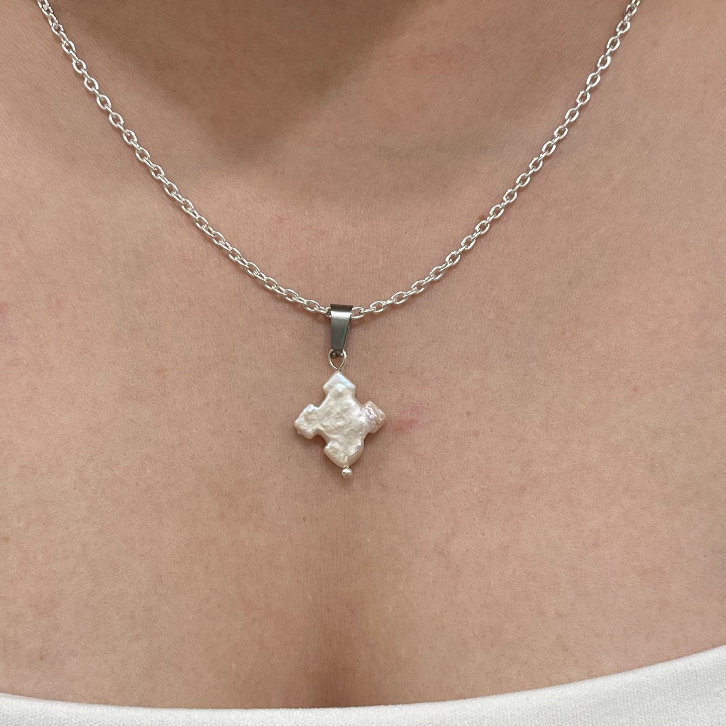 Silver Freshwater Pearl Cross Necklace