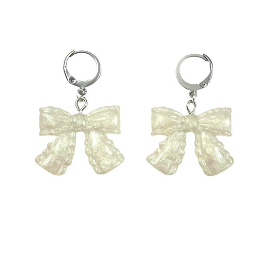 White Bow Huggie Earrings