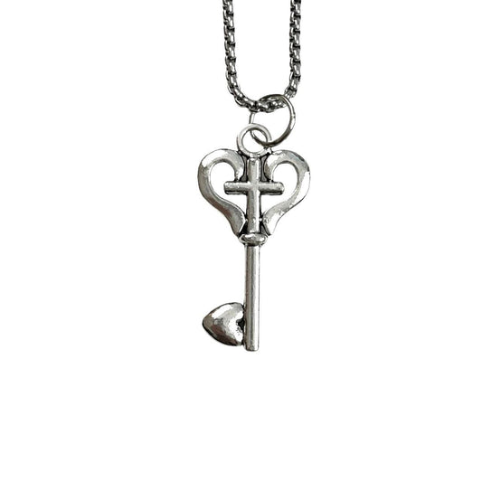 silver heart cross key pendant necklace | y2k grunge necklace | heart necklace | hypoallergenic | non-tarnish | stainless steel necklace