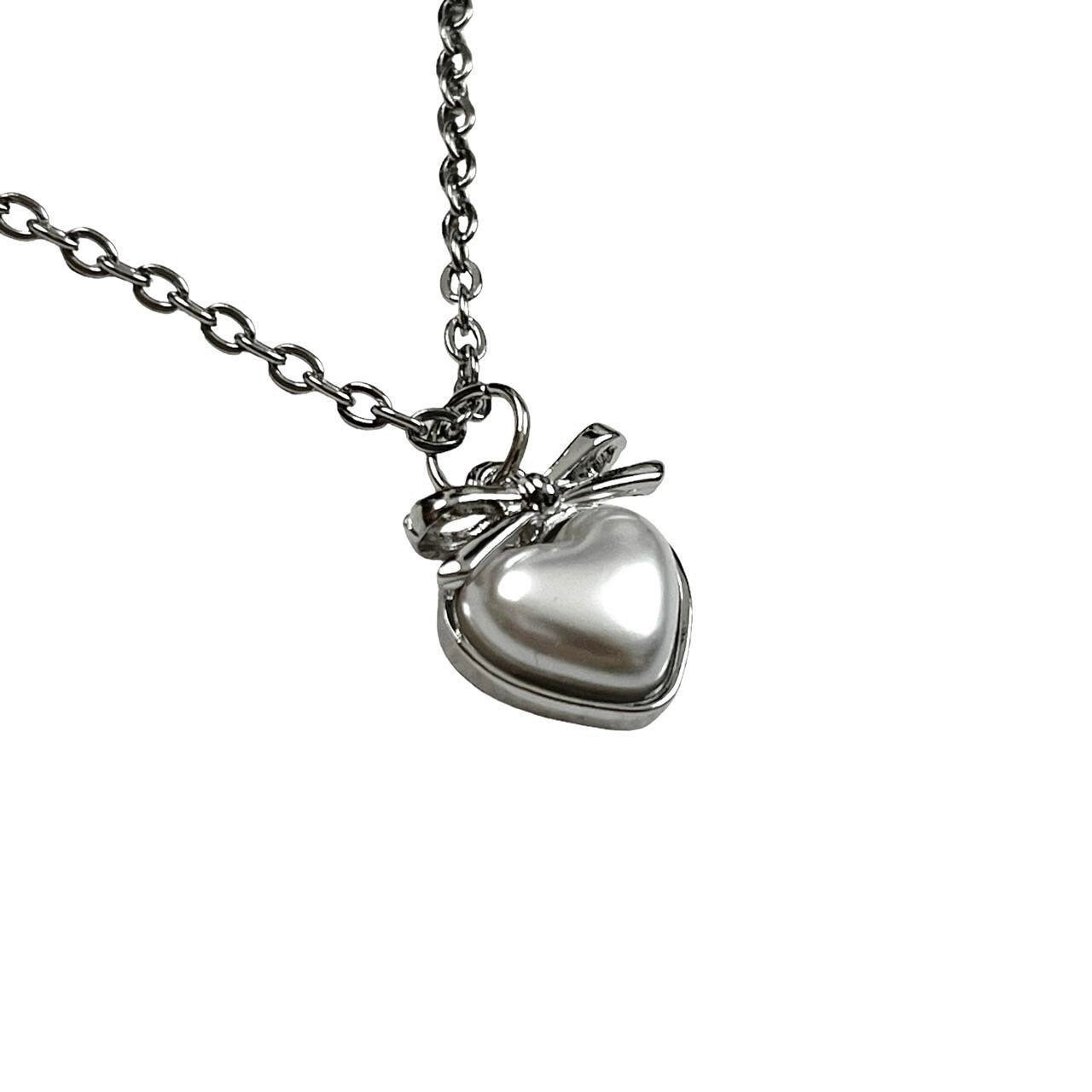 silver dainty pearl heart pendant necklace | y2k grunge necklace | hypoallergenic | non-tarnish | stainless steel | coquette bow ribbon